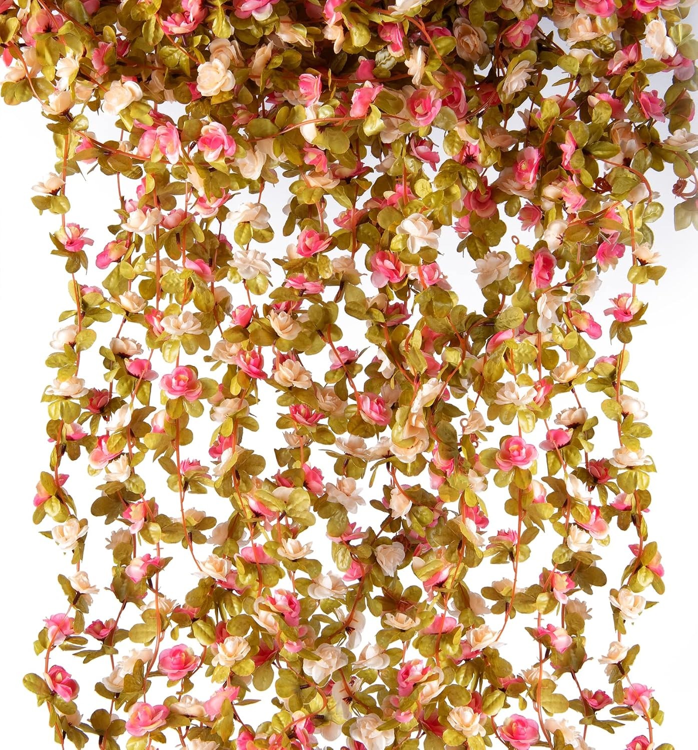 8 Pcs 8.2′ Artificial Rose Garland, Pink Flower Vine Faux Hanging Decor