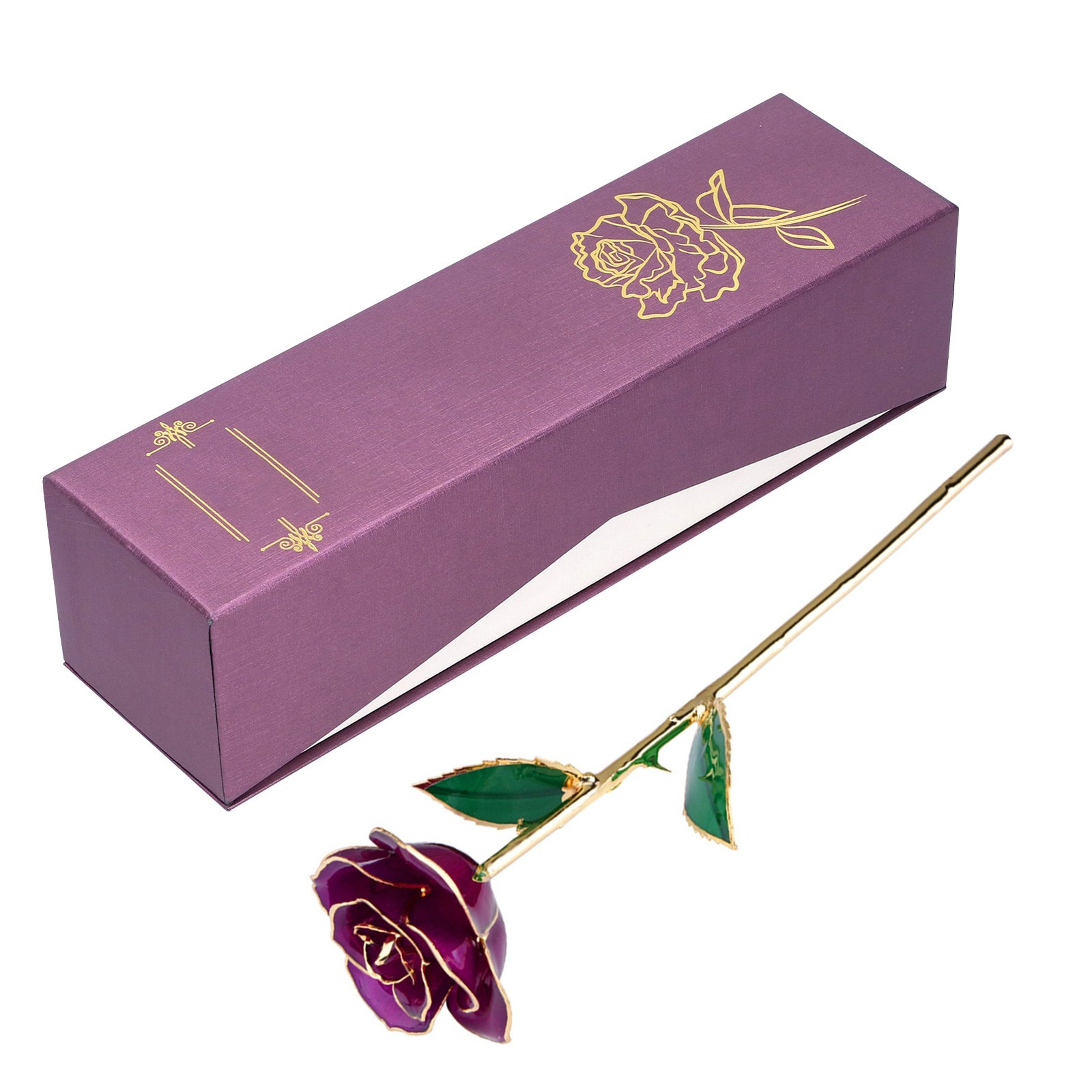 Real Purple Rose 24K Gold Dipped Preserved Flower Gifts With Stand For