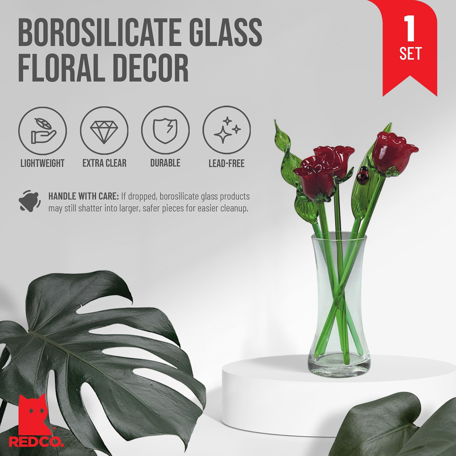 Decorative Glass Lovely Flower Bouquet with Vase, Gift Boxed – Red Roses