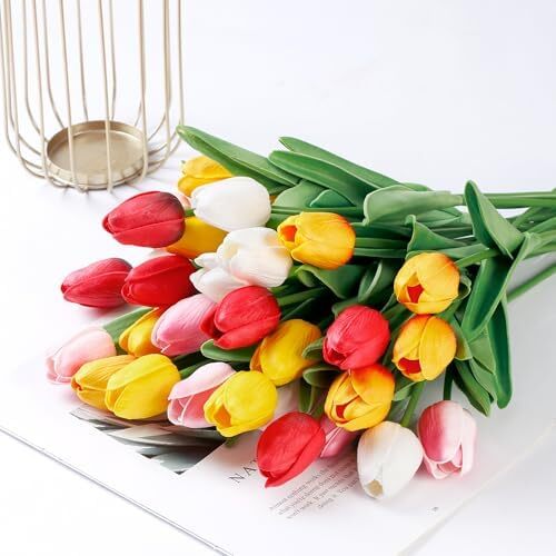 Sggvecsy 15 Pcs Fake Tulips Artificial Flowers Real Touch PU Faux Flowers Tulip