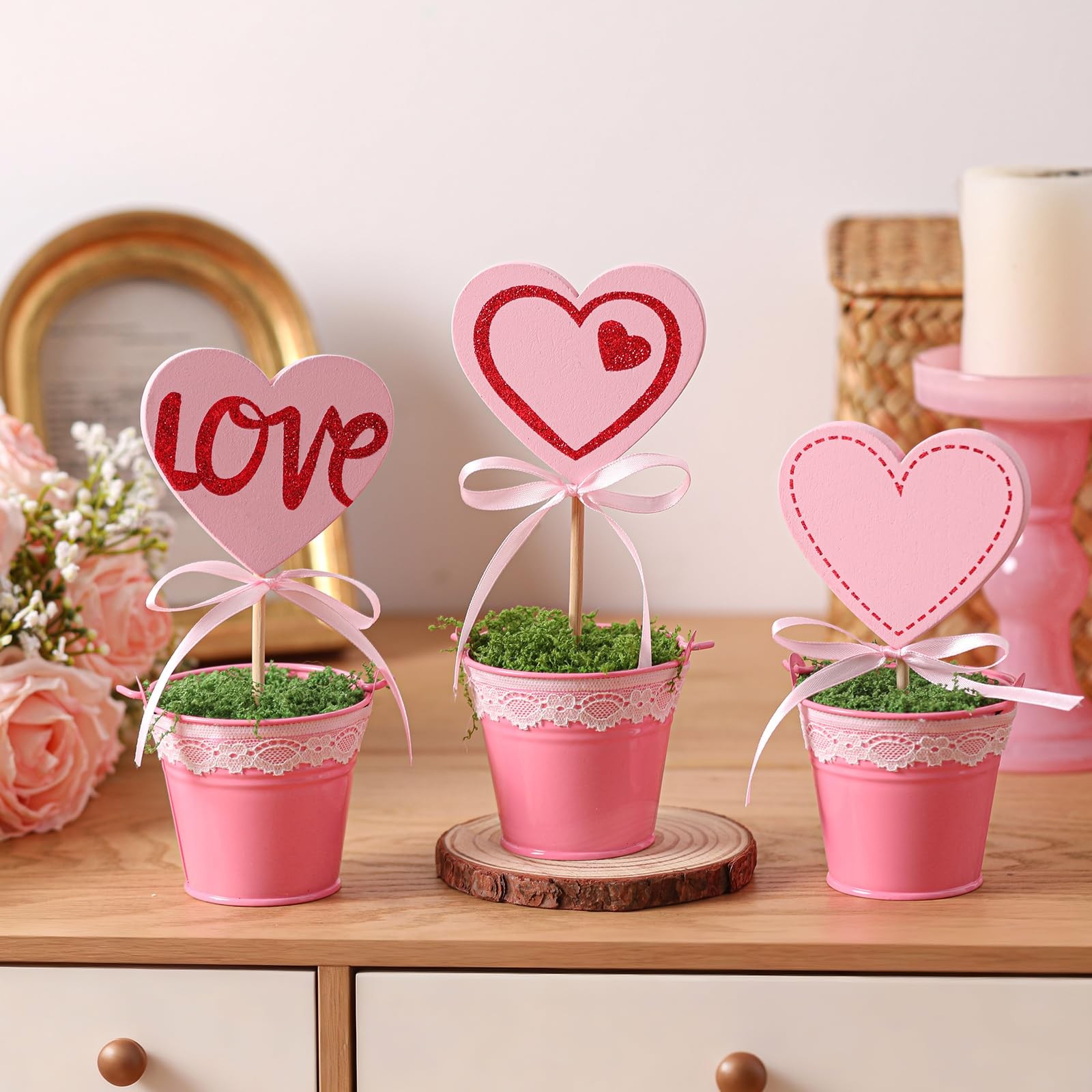 3 PCS Valentine Glitter Heart Topiary Tree Artificial Pink 5.57 Inch Pot