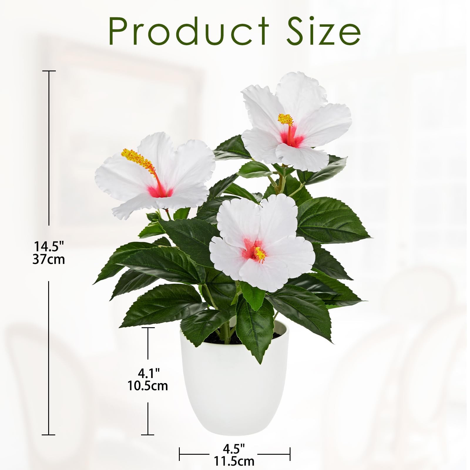 Artificial Hibiscus Flowers in Pot, 14.5’’ Faux Hibiscus Plant, Spring Summer…
