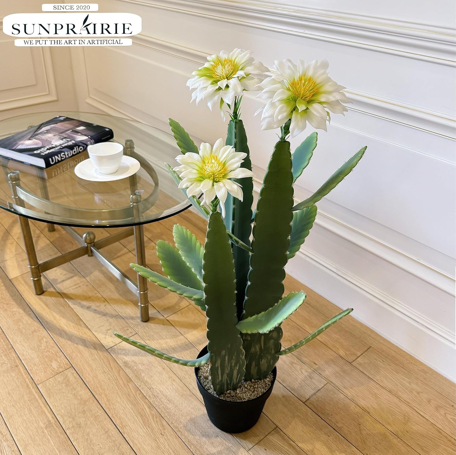 33 Inch Large Artificial Cactus with Lilly White Flowers in Pot with Natural Gra