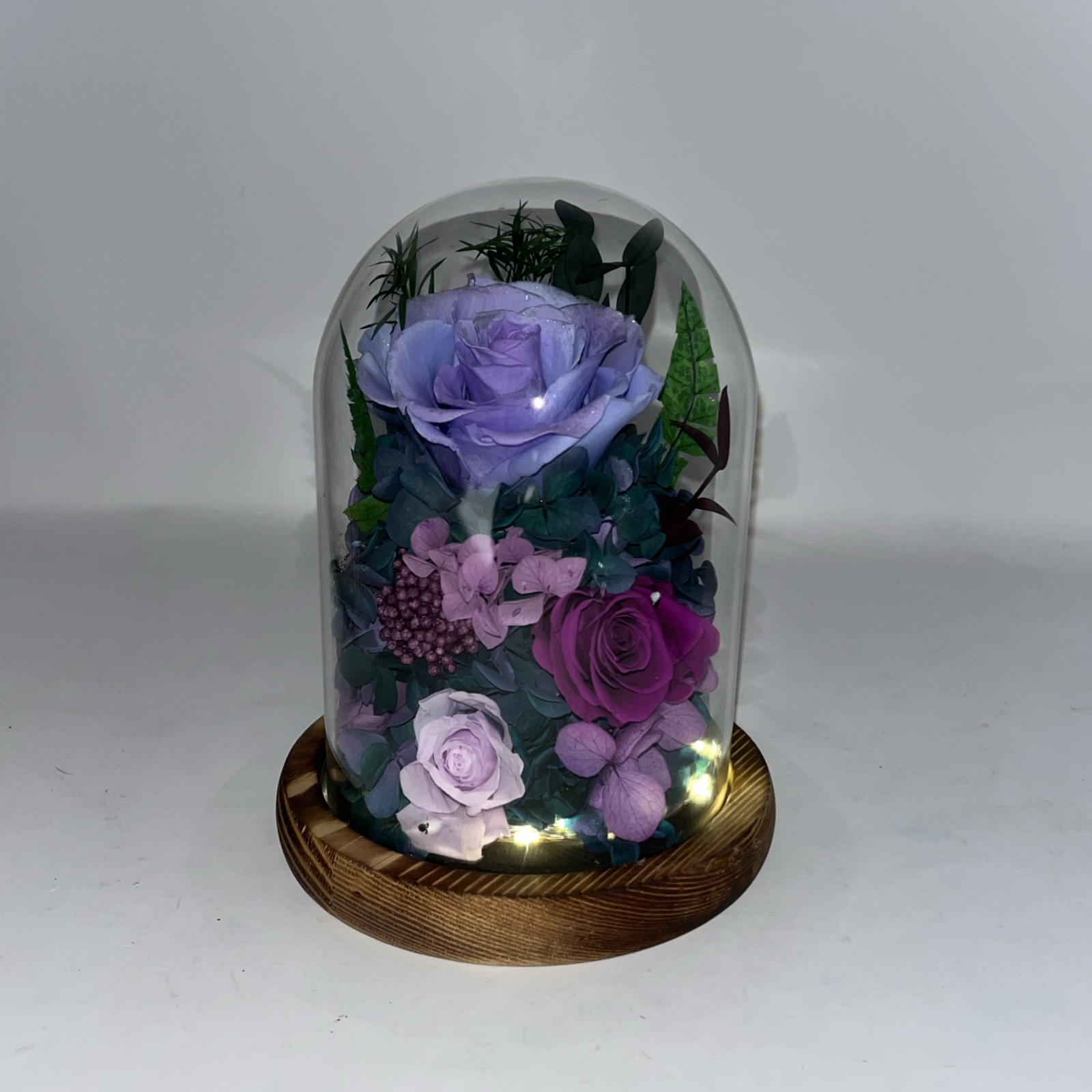 Glass Dome Preserved Roses Flowers in Lighted Wood Base