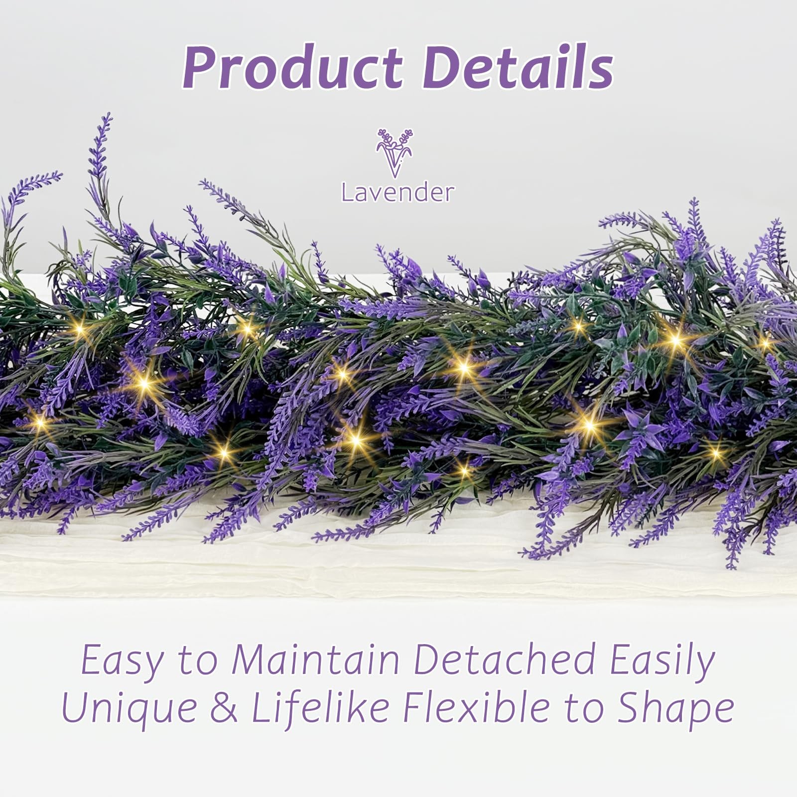 Lavender Garland with Lights, 1Pcs 6FT Purple Flower Garland, Artificial Spri…