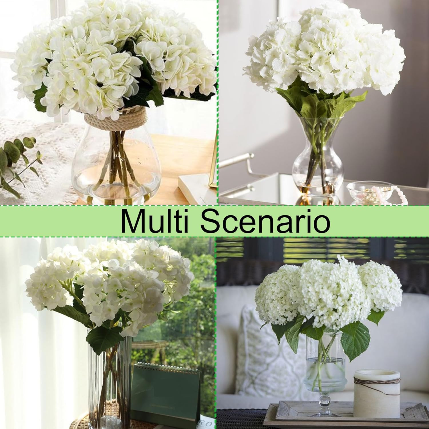 5 Pcs White Hydrangea Artificial Flowers, 21” Faux Hydrangea with Stems | Reali