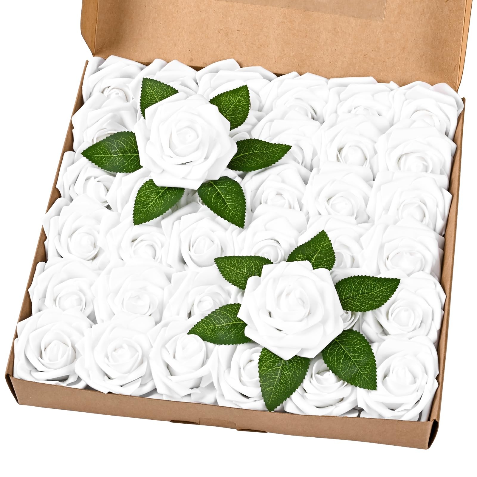 BLEUM CADE 36Pcs Artificial Flowers Fake Roses with Stems, White Boxed Foam R…