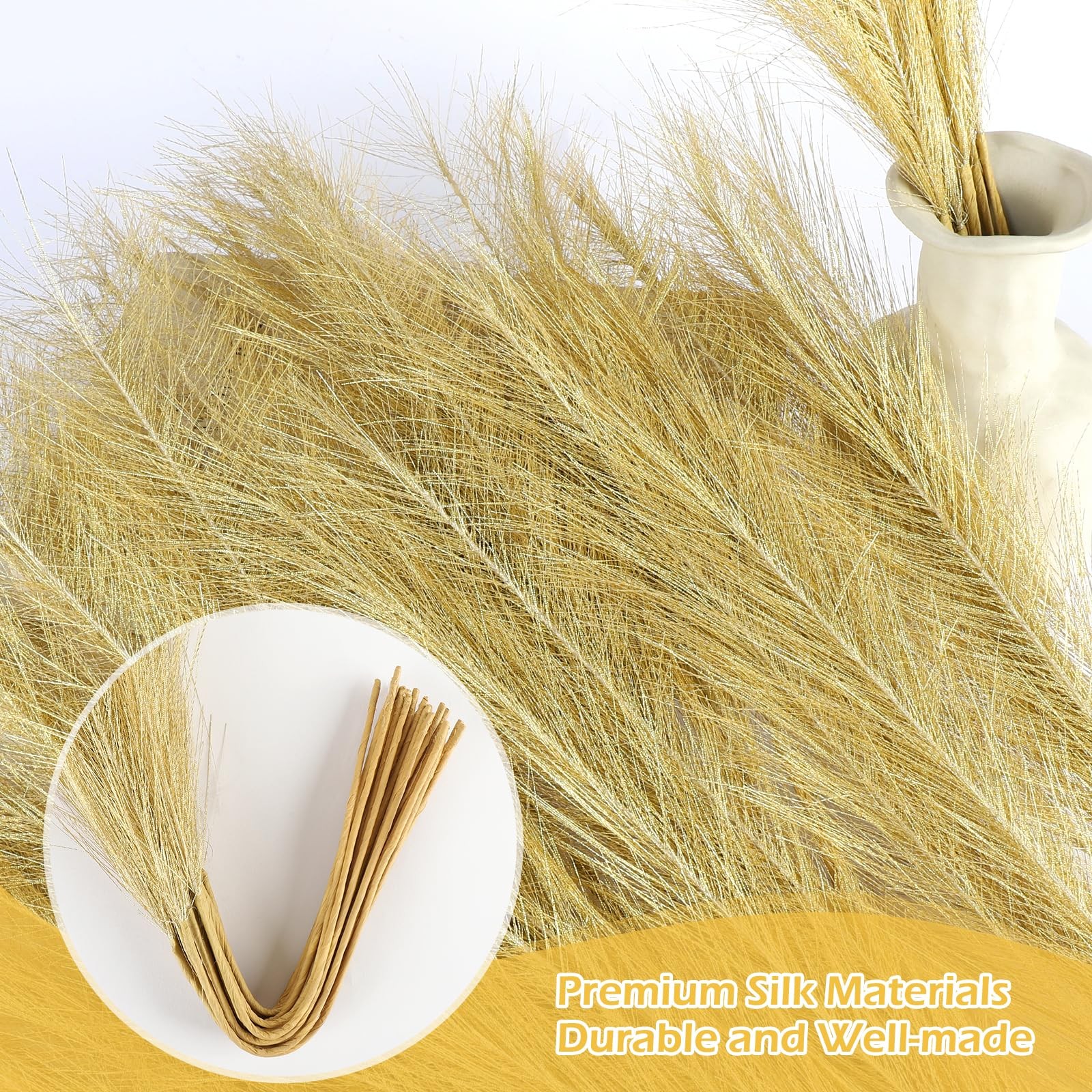 30 PCS Gold Pampas Grass Decor 21.7 Inch Faux Dried Flower Small Vase Fill