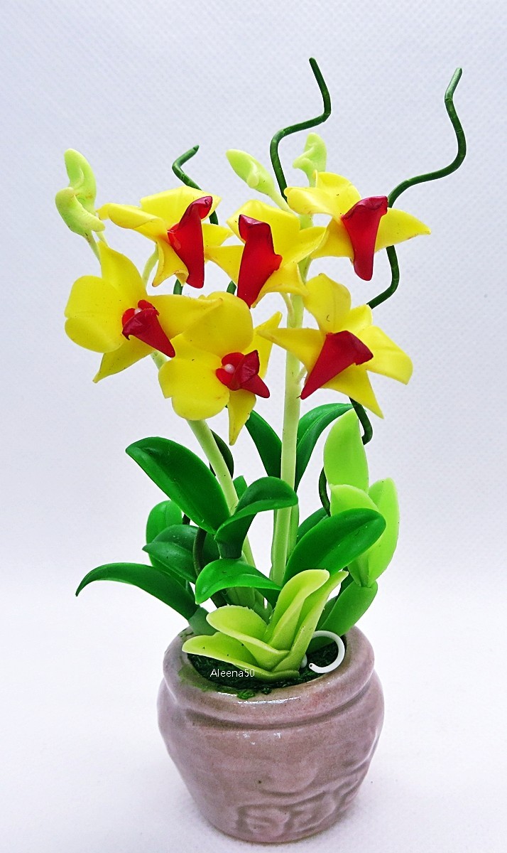 USstock 4″H Air-Dry-Clay Handmade Miniature Dendrobium Orchid Arrangement.