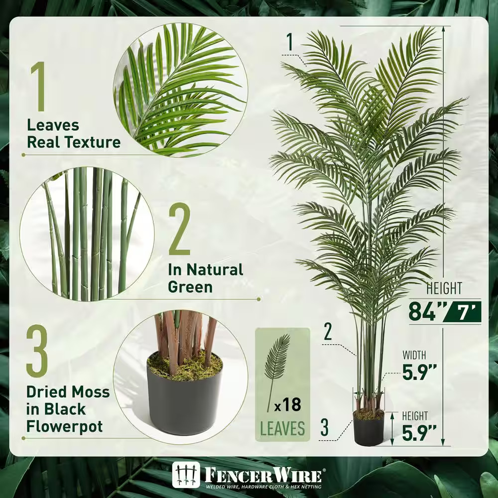 7 Ft. Green Artificial Palm Tree, Faux Dypsis Lutescens Plant in Pot with Dried