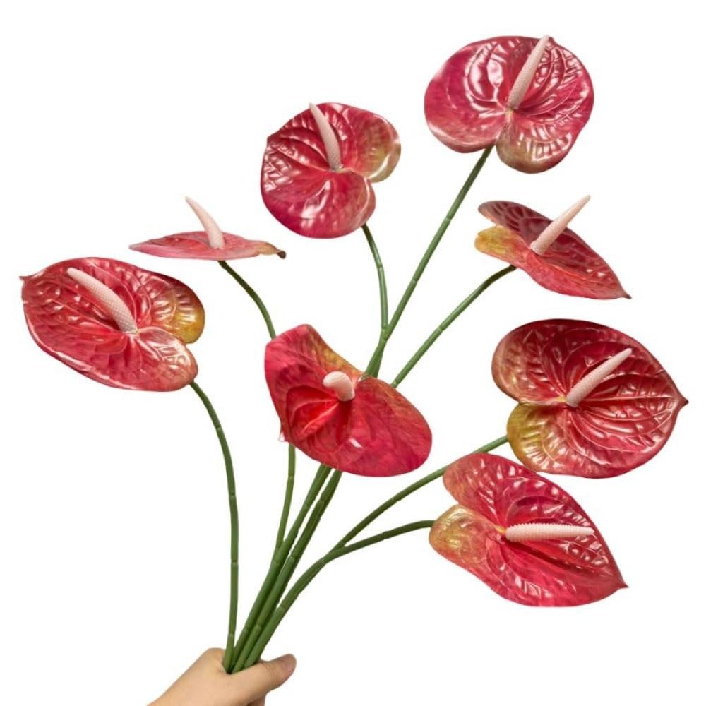 8 PCS 23-5/8 Inch Artificial Anthurium Flowers Real Touch Fake Dark Pink