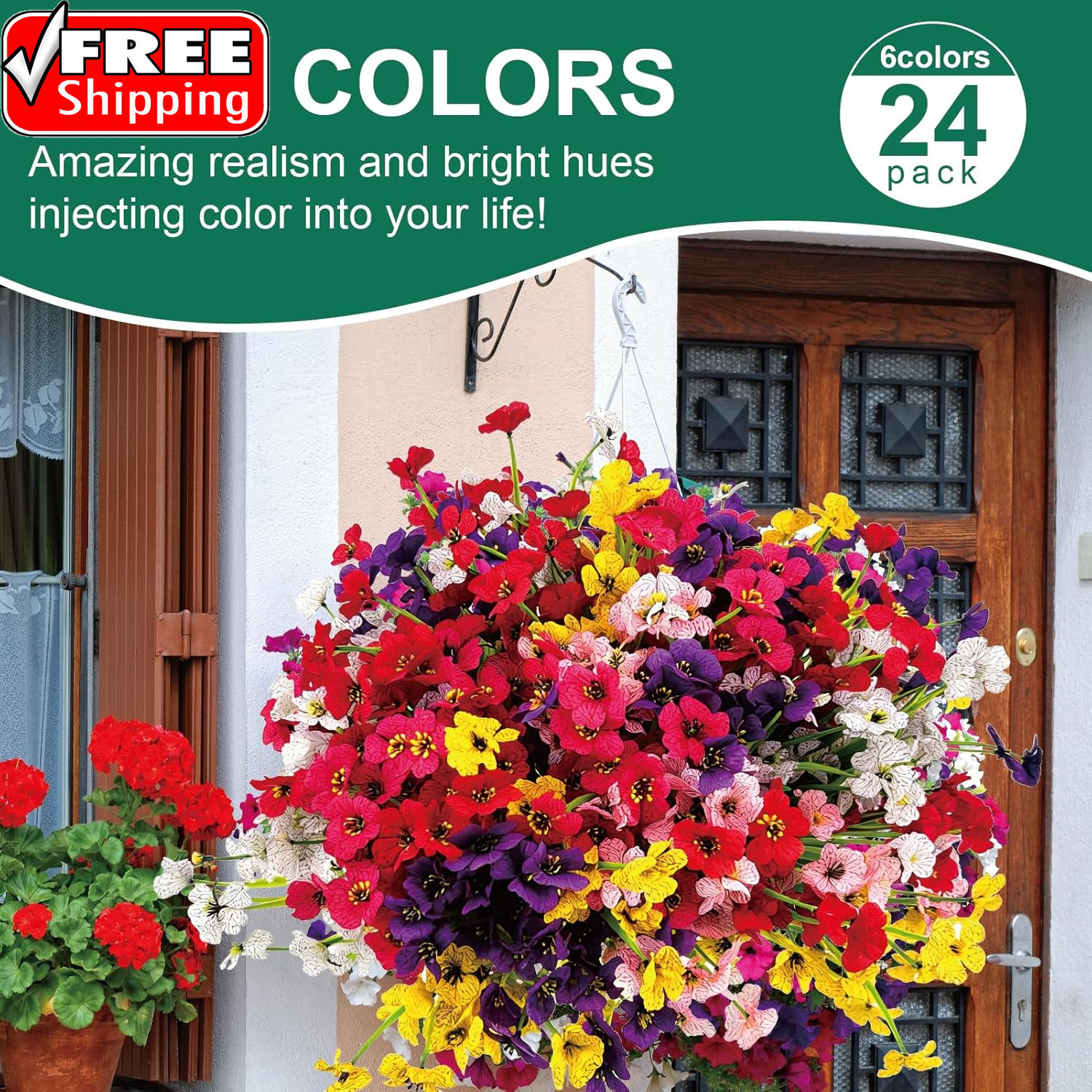24 Pcs (6 Color) UV Resistant Outdoor Artificial Faux Flowers Plants Realistic P