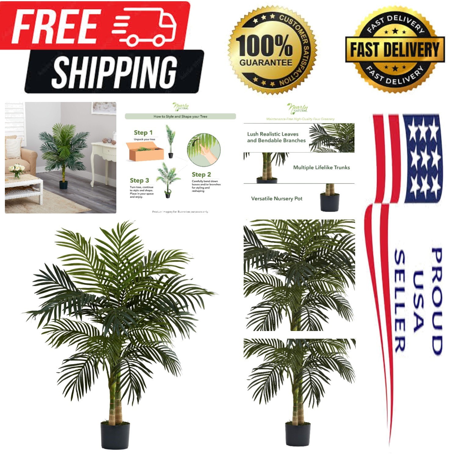 4ft Golden Cane Palm, Double Stalk Artificial Tree With Lush Realistic Foliag…