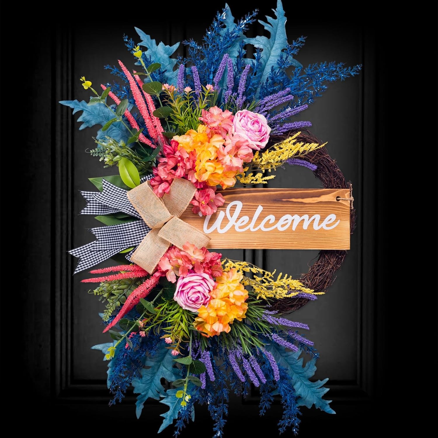 Large Pink Yellow Flowers and Greenery Modern Door Wreath and Welcome Sign