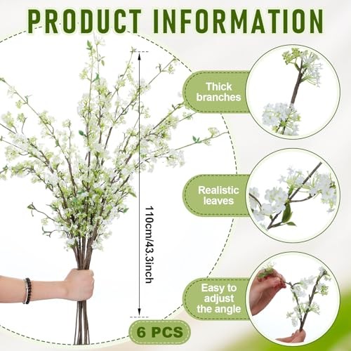 Pcs Artificial Cherry Blossom Branches with Green Buds Blossom Style 6 White