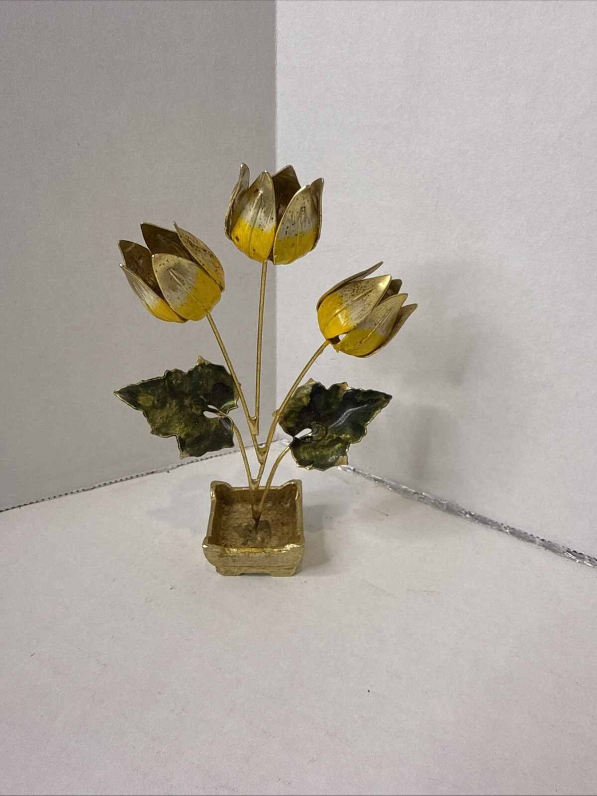 Vintage Chinese Brass and Enamel Flower Arrangement Tulips