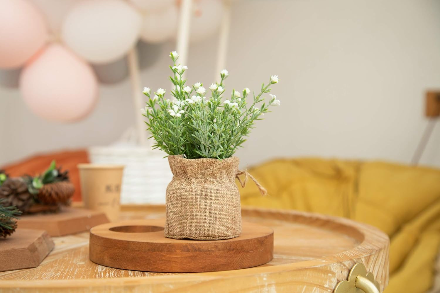 Babys Breath Artificial Flowers in Small Burlap Bag Vases 3Pcs -Gypsophila Fa…