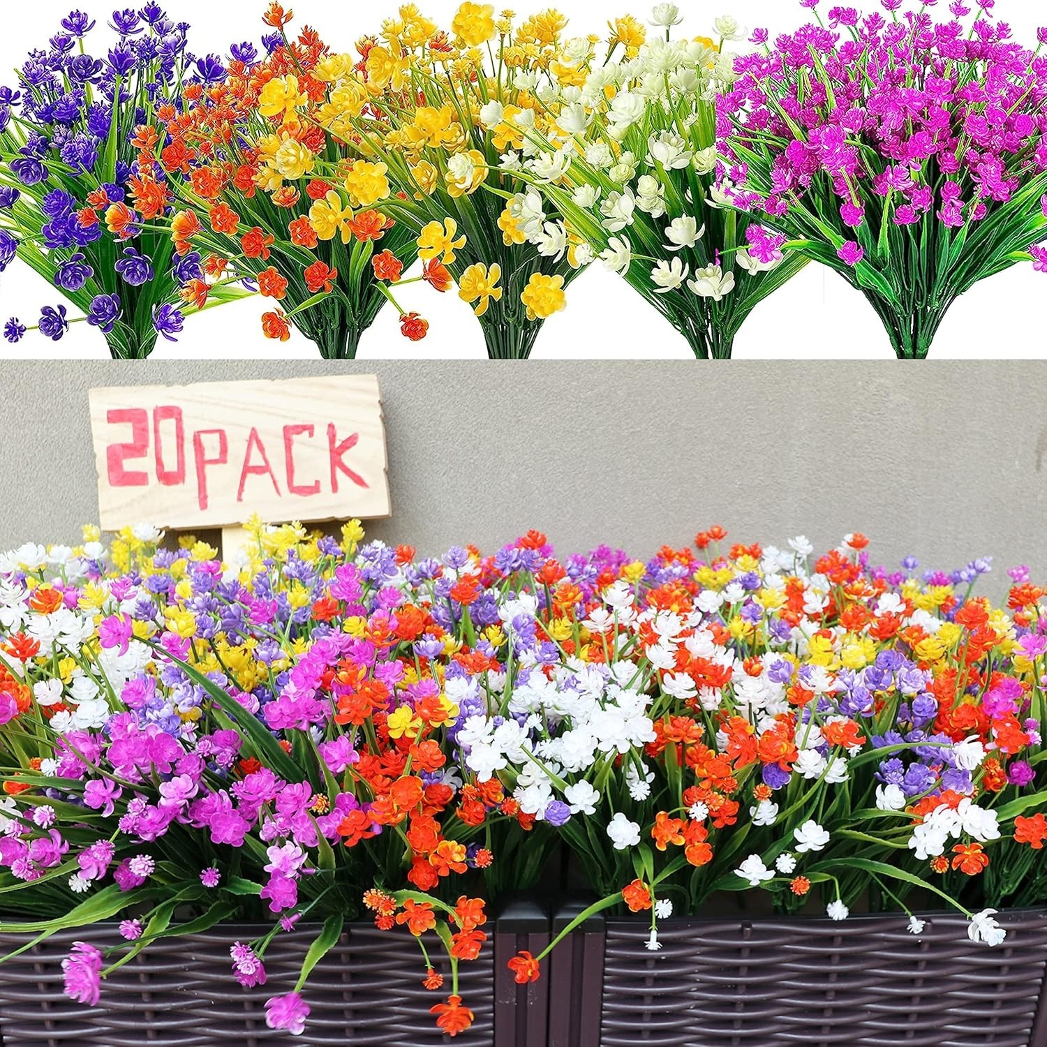 20 Bundles Artificial Fake Flowers, UV Resistant Faux Flowers Arrangement, Fa…