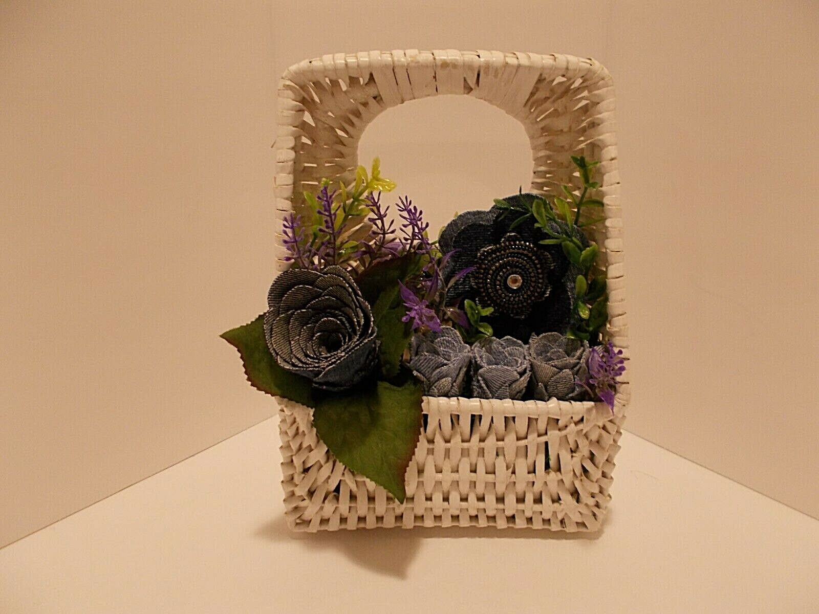 White Wicker Pocket Basket w Denim Roses Denim Zipper Flower w Faux Lavender