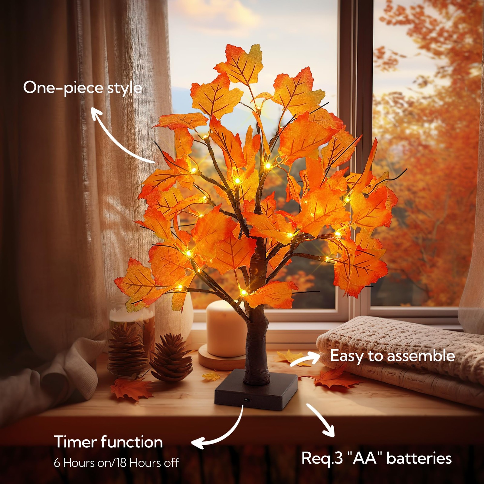 20.5Inch Artificial Fall Lighted Maple Tree Thankgiving Decorations for Tabletop