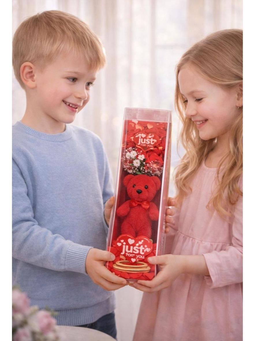 Mini Teddy Bear Gift Box with Plush Bear & Artificial Roses for Valentine’s Day