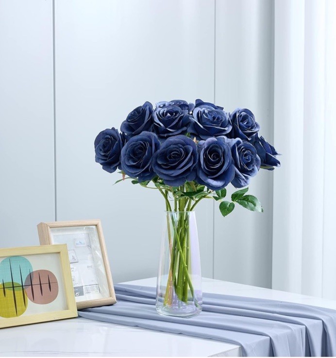 24 pcs Blue Roses Artificial Flowers Fake Navy Blue Silk Roses Navy Faux Silk Ro