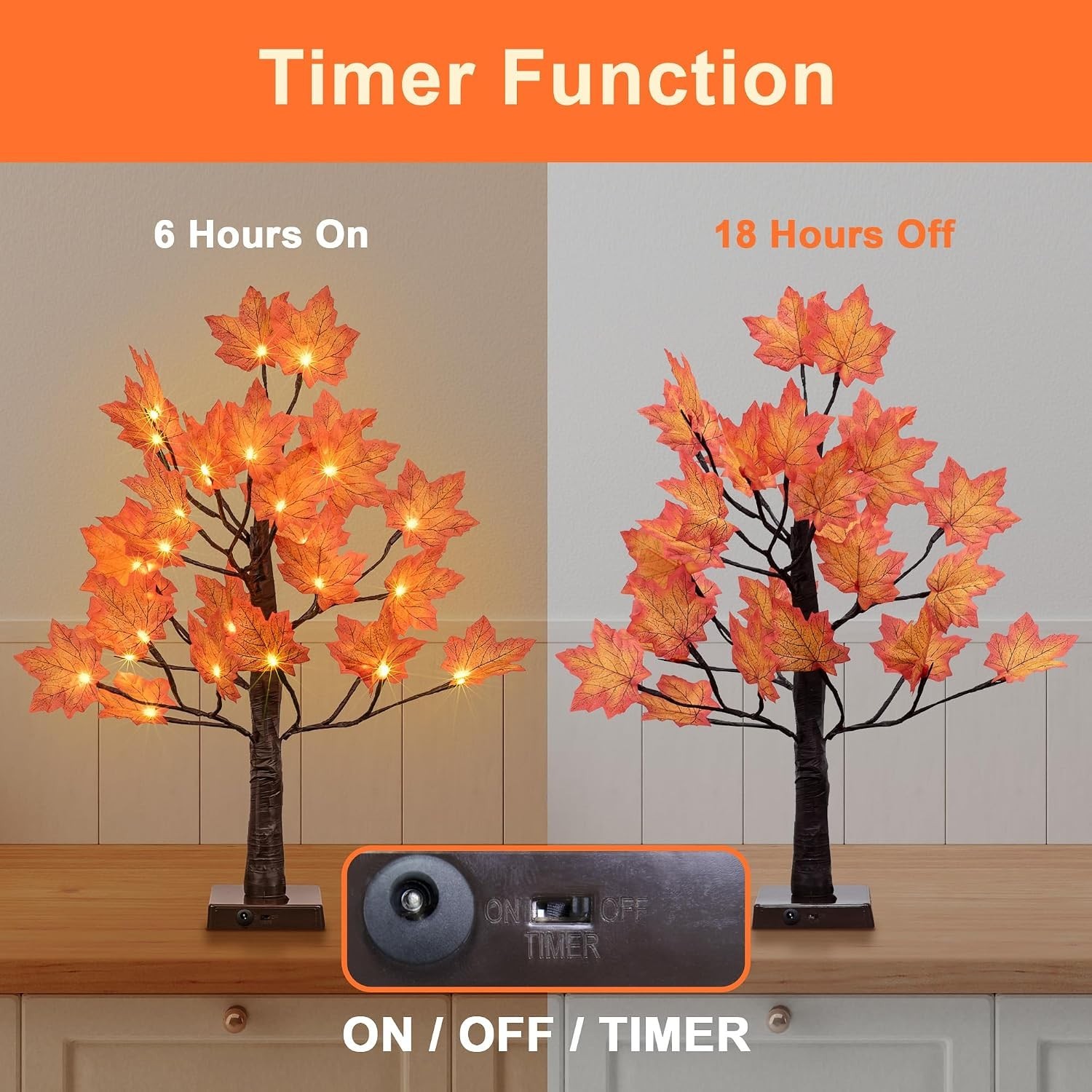 24IN Lighted Maple Tree for Fall Decorations, USB & Battery Operated with Tim…