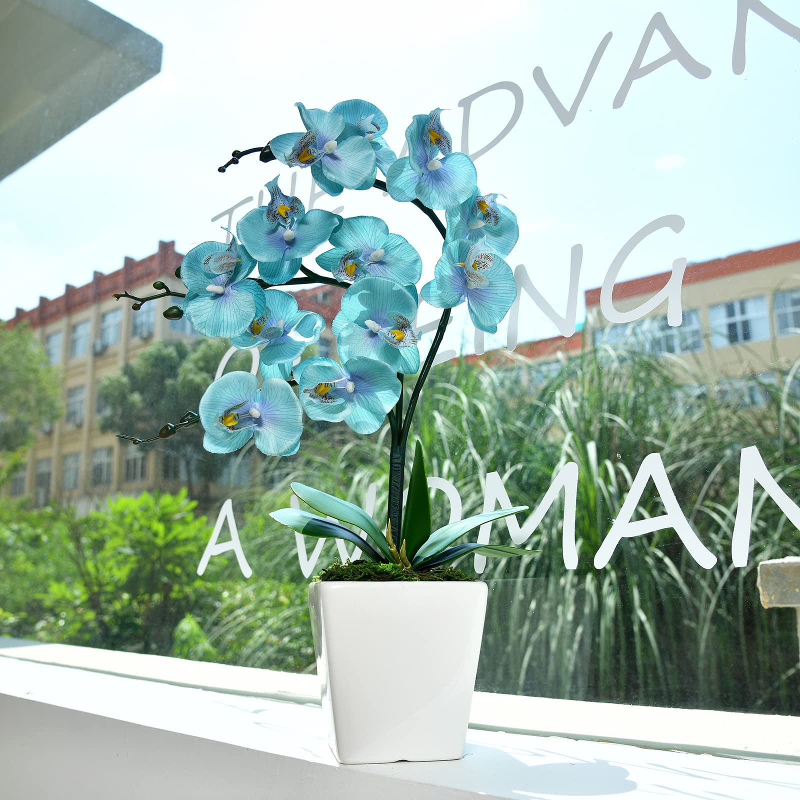 15 Inches Tall Artificial Silk Phalaenopsis Orchid Flower Plant Pot Teal Arra…