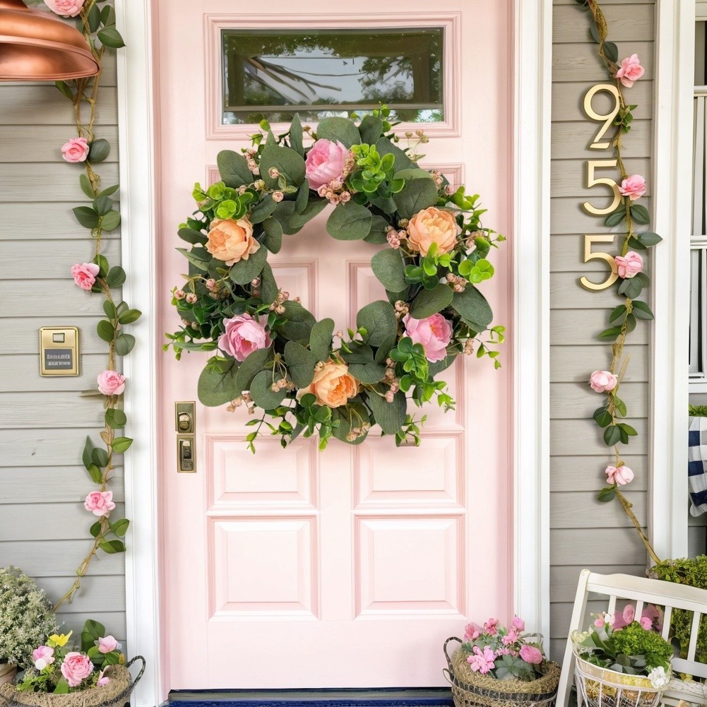 For Home Decor Artificial Wreath 38cm with Peonies Eucalyptus Plastic Material