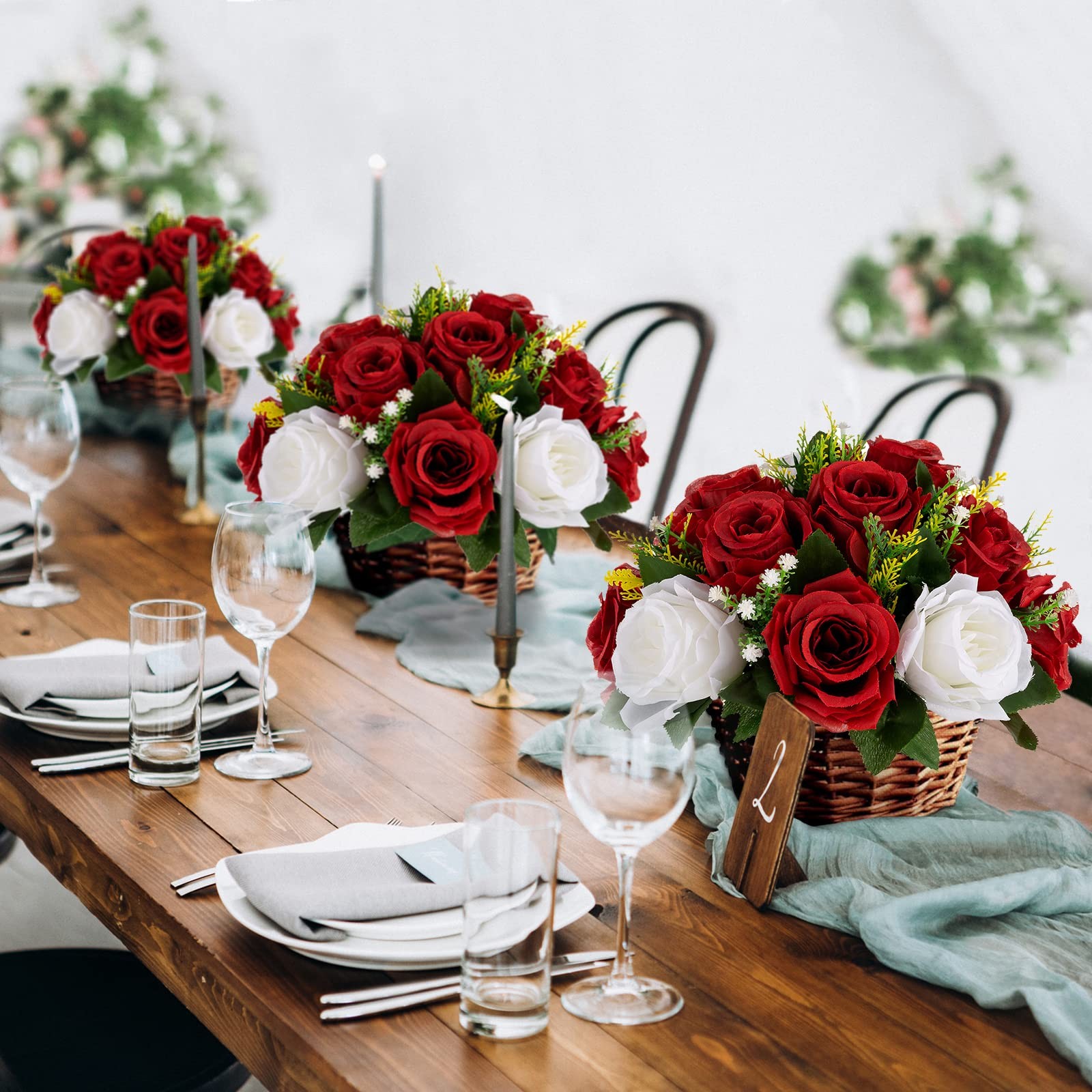 Red Fake Flowers Wedding Centerpiece Kissing Flower Balls Tables Arrangement