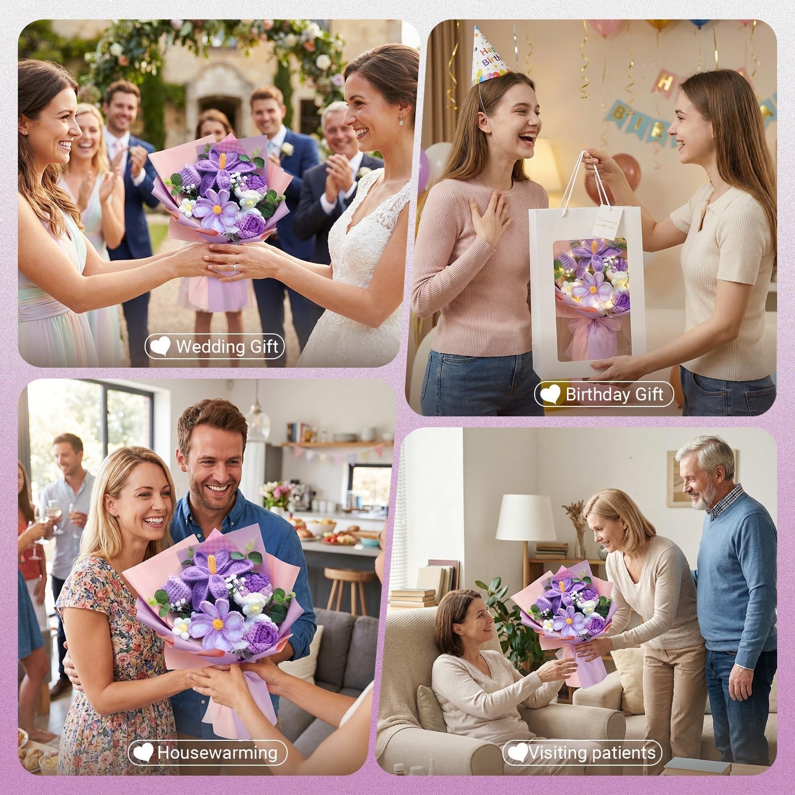 Handmade Crochet Flower Bouquet with Lights – Purple Tulips, Lilies, Roses & Dai