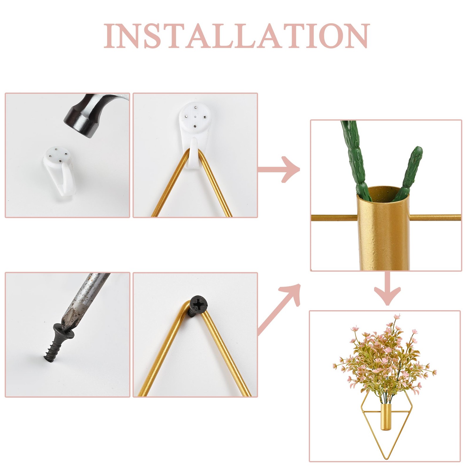 Plant Wall Decor with Pink Artificial Flowers in Diamond Hanging Vase Set of …