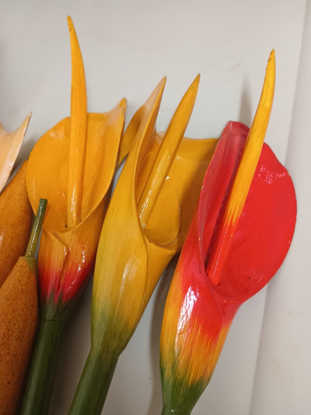 VTG Wood Tropical Flowers Long Stem 36″ Leaves Lot Of 13 Wooden Painted Carved