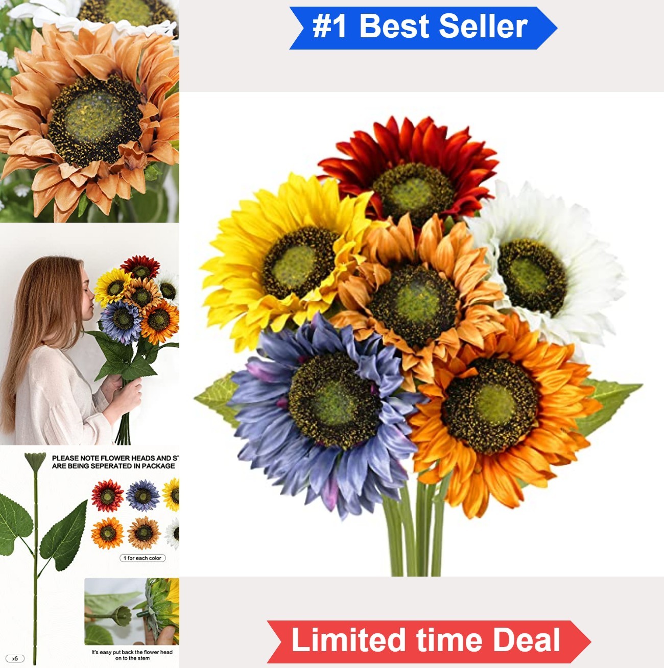 Artificial Sunflowers 6 Pack 20 Inch Silk Stem Bouquet Bendable Wire DIY Vase