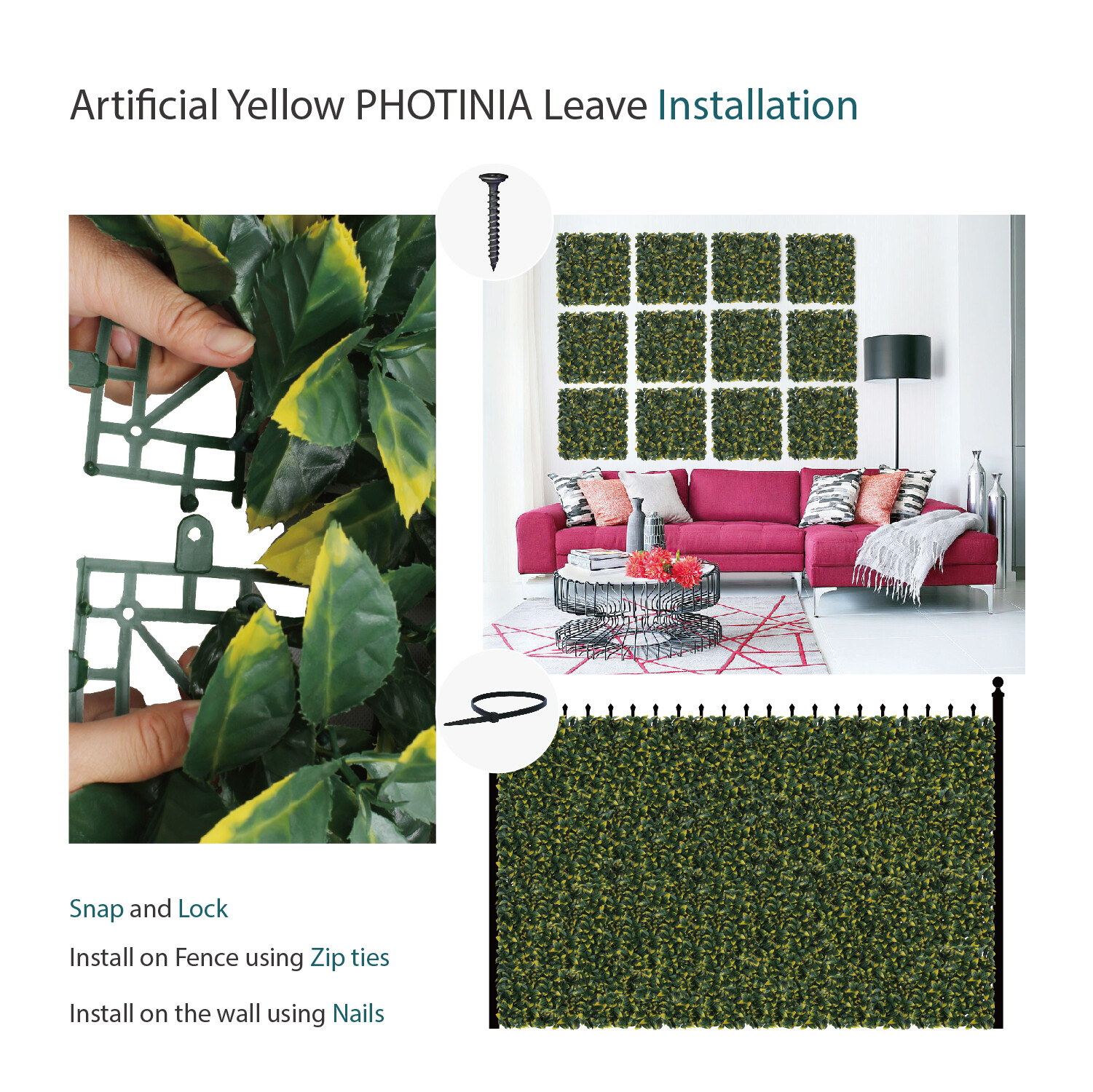 20in Artificial Yellow Photinia Mat Wall Hedge Decor Privacy Fence Panel Grass