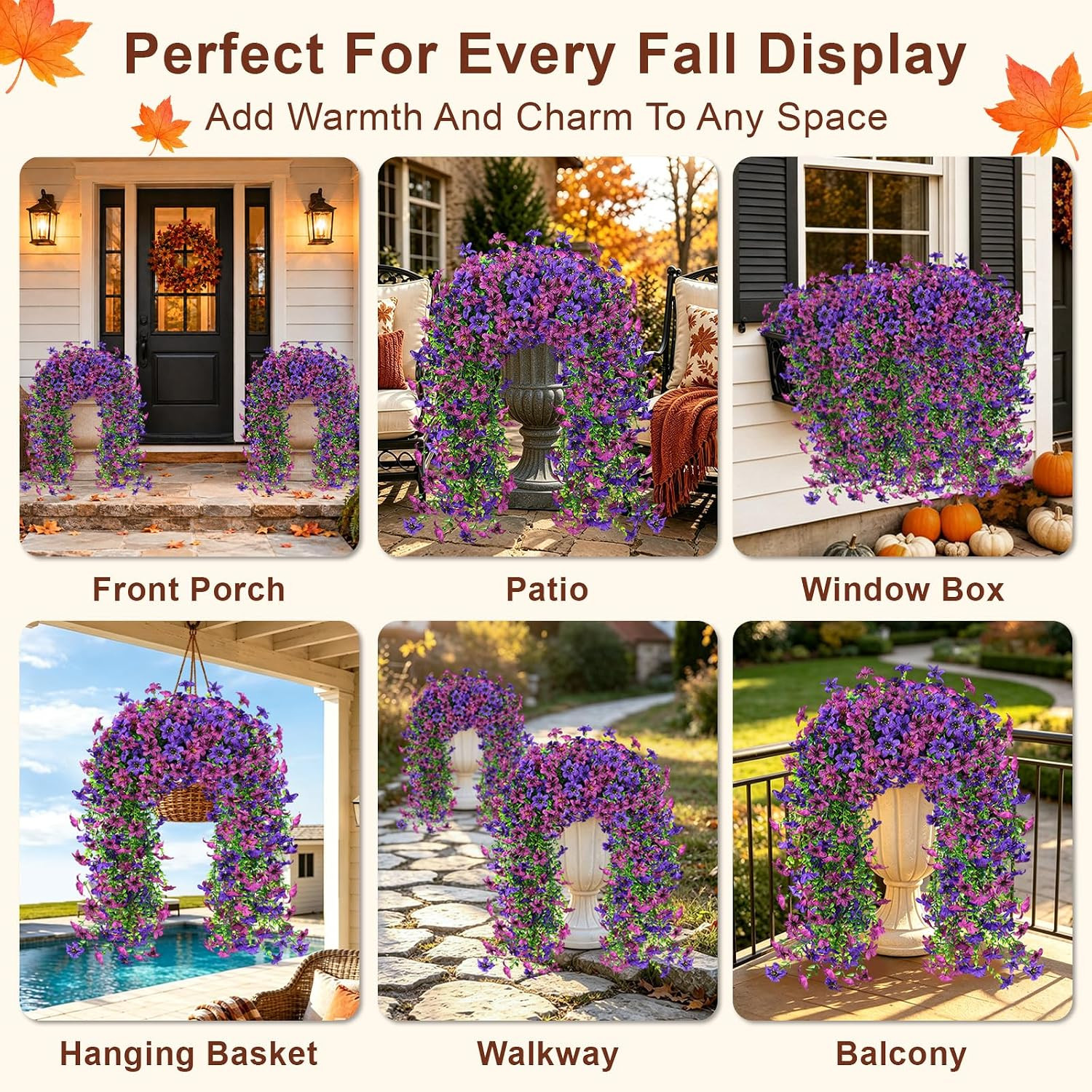 UV Resistant Artificial Hanging Mums – 4 PCS Double Purple Faux Flowers