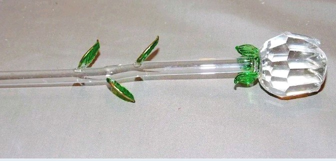 8 pc Hand blown Glass Roses with delicate green leaves on long stem.