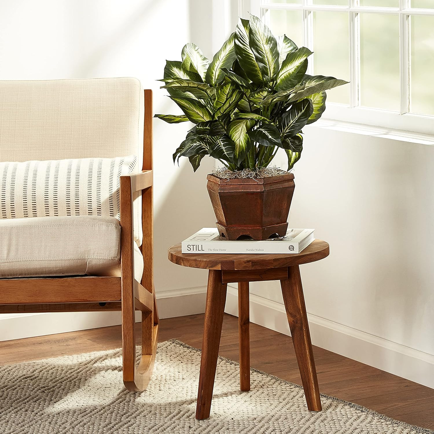 22IN Artificial Triple Golden Dieffenbachia Plant with Decorative Wood Planter,