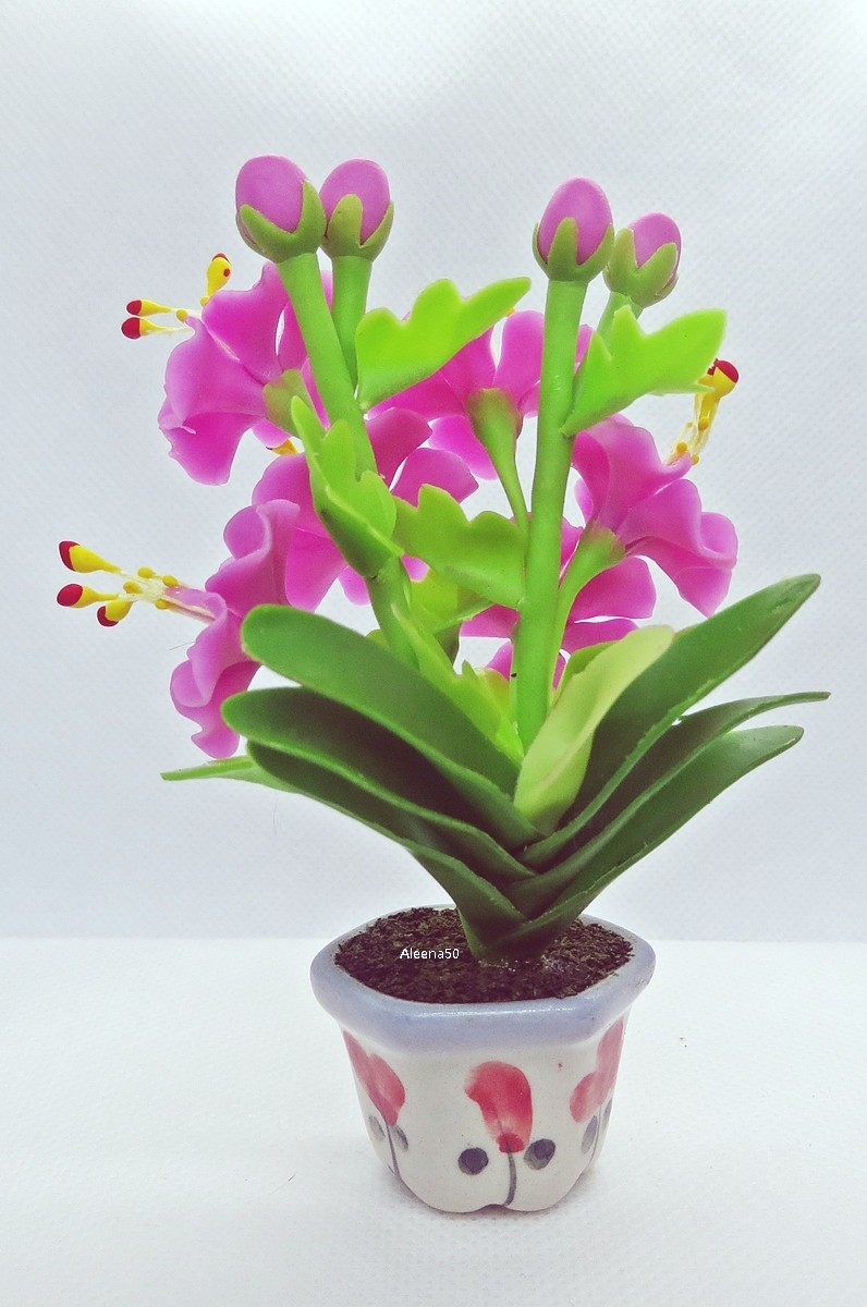 US Stock 4″H Handmade Miniature Air Dry Clay Hibiscus Arranged in Ceramic Pot