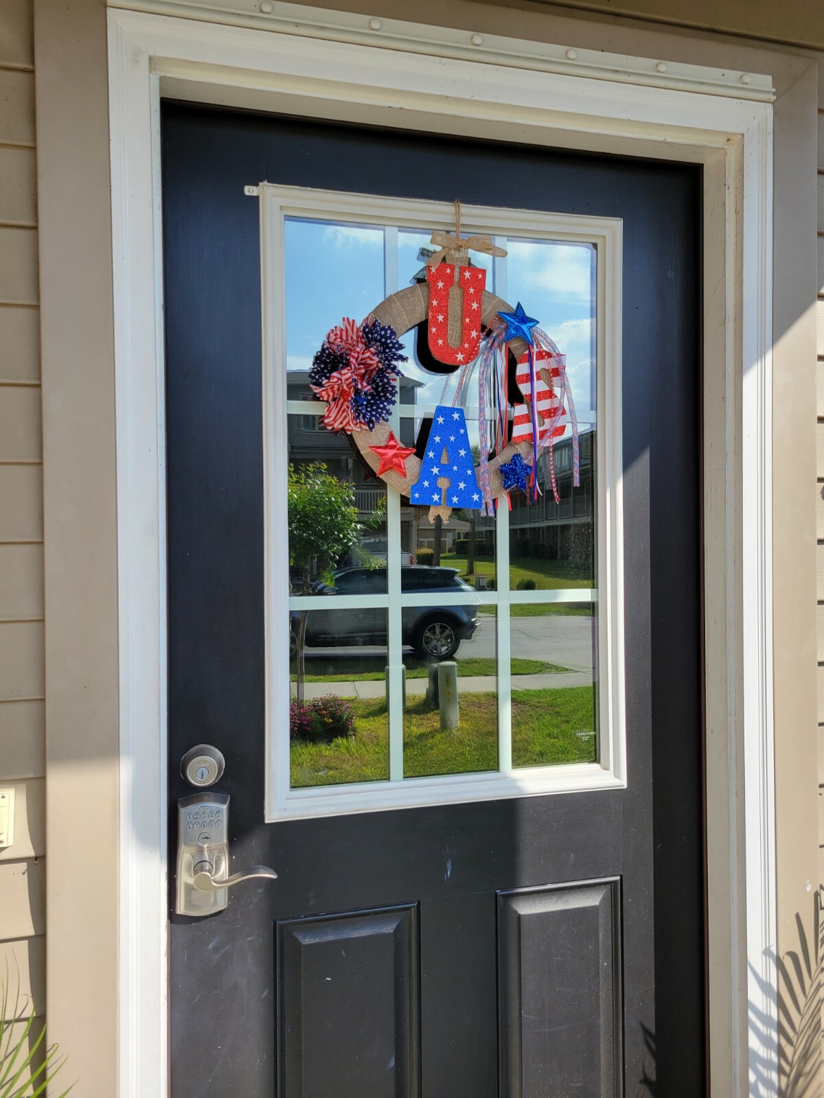 USA sparkling red white blue burlap Door WREATH patriotic 4th of July fireworks