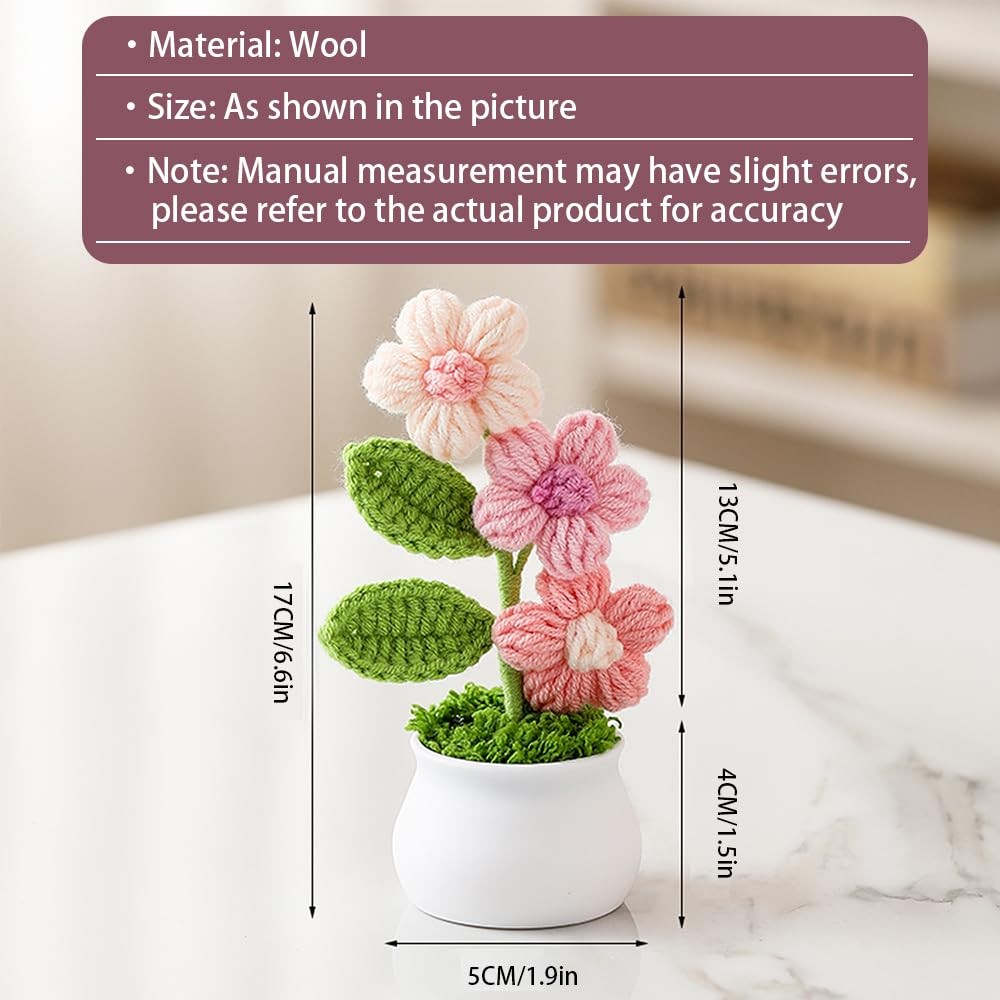 Knitting Crochet Puff Flowers Potted Plants, Gradient Colorful Flowers