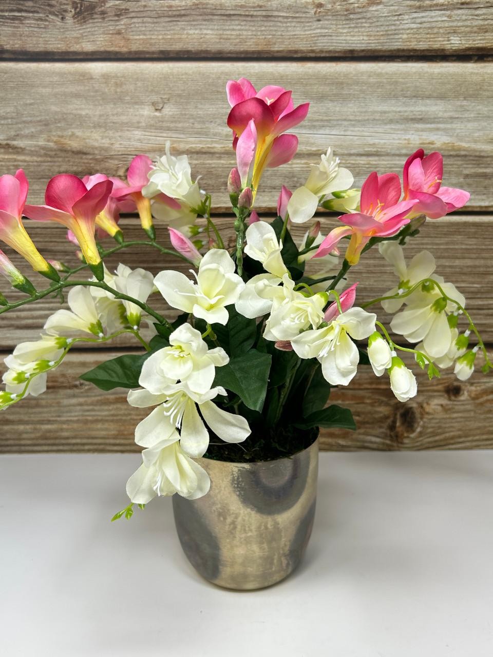 15″ Silk White & Pink FREESIA flowers in 5″ rustic Silver Metal Pot, handmade or
