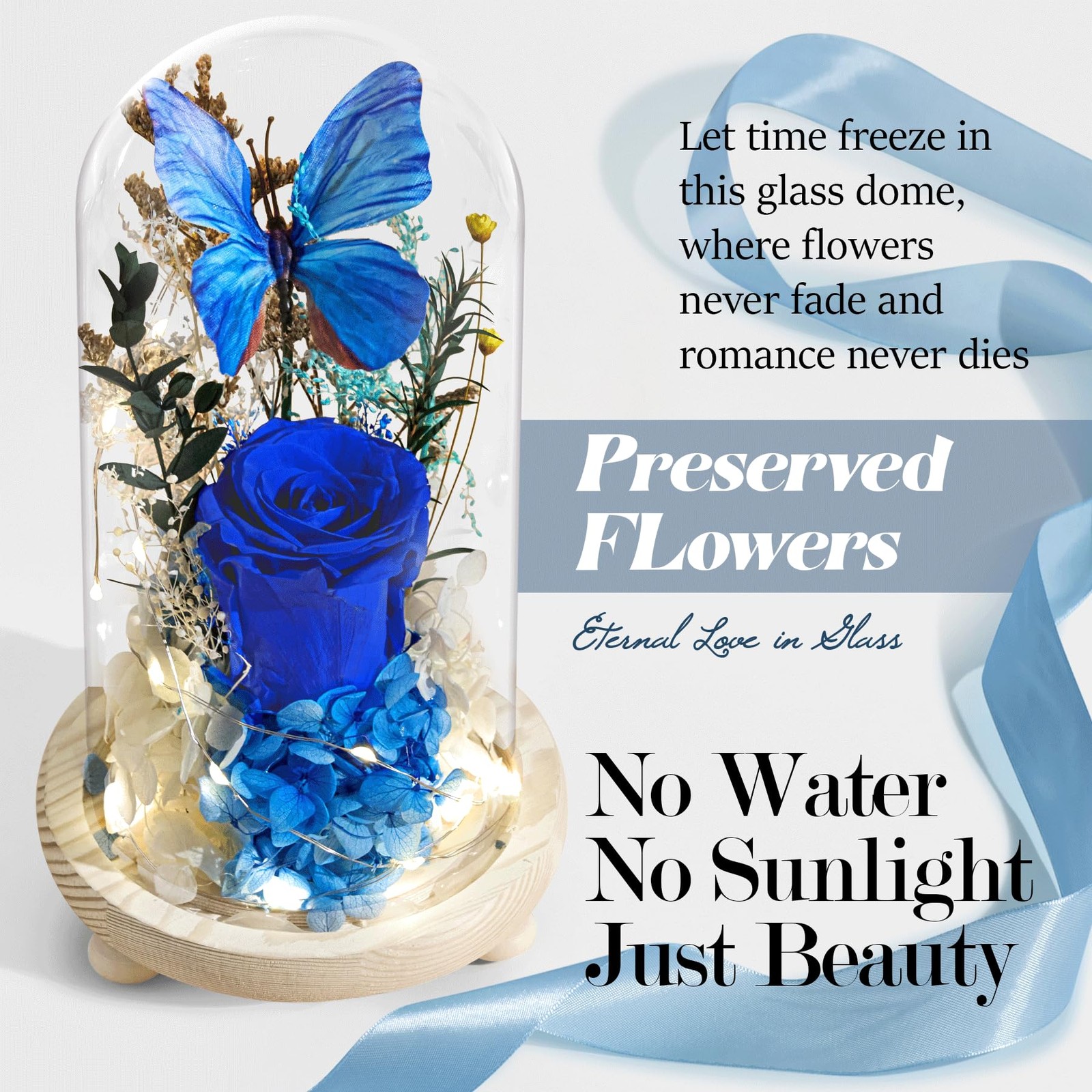 Forever Flowers Preserved Roses with Light in Glass Dome, Romantic Gifts for Mom