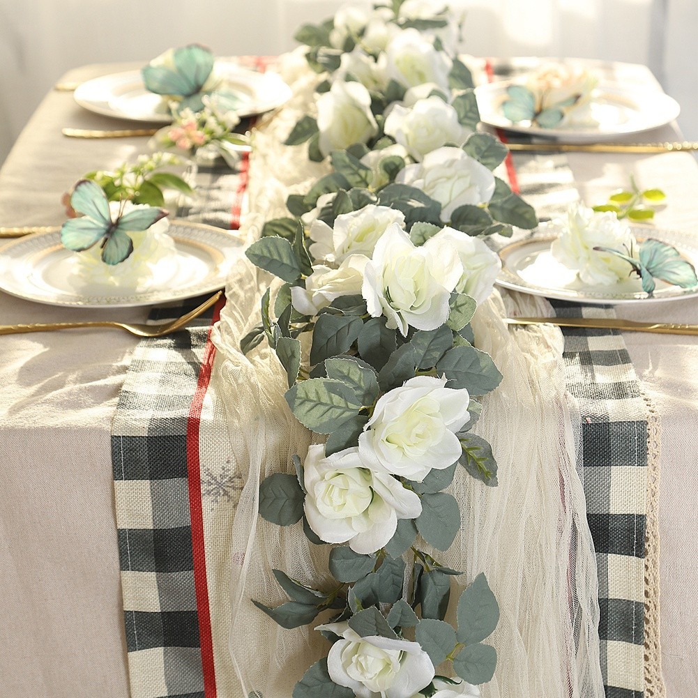 White Rose Garland 86.6 inches with Reinforced Wire Stem for Stability