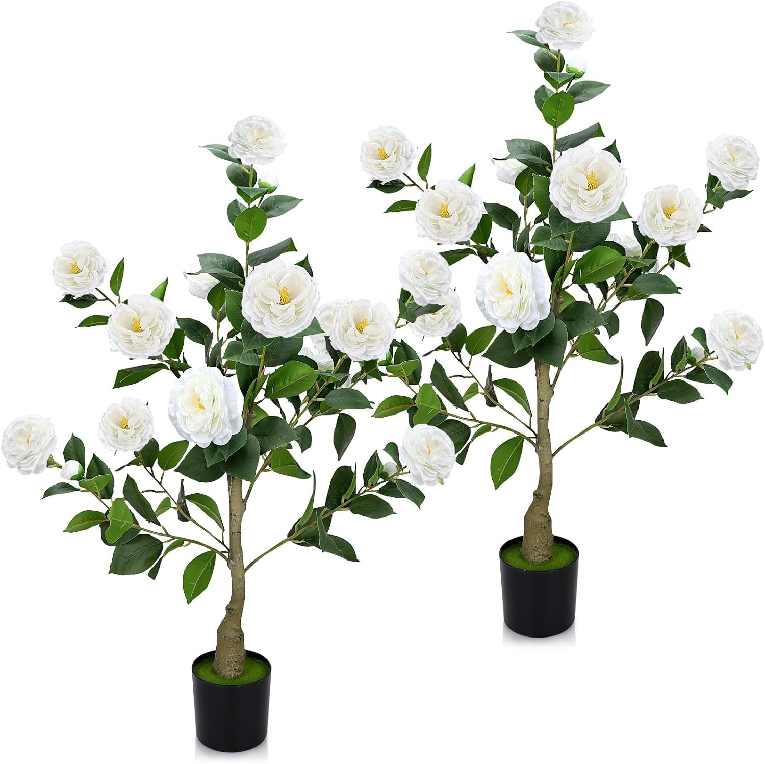 2 Pack Artificial Camellia Trees for Outdoor, 3FT Camellia Tree Potted with Faux