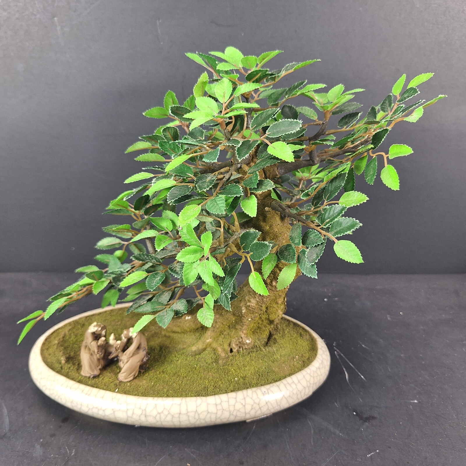 Artificial Bonsai Tree with Ceramic Planter & Clay Asian Figures Fake Plant