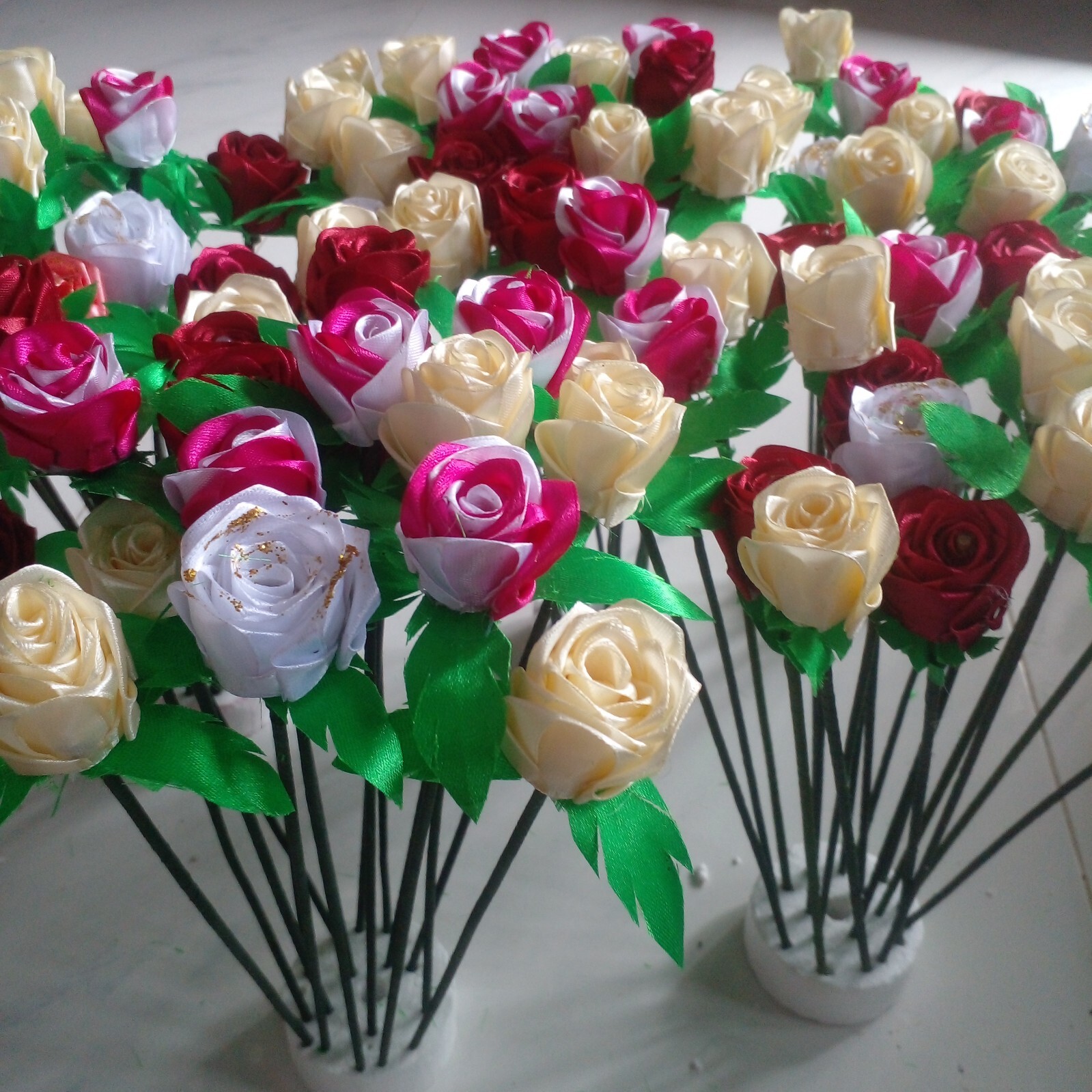 RIBBON ROSE FLOWERS Satin Lot Multicolour DIY Craft Handmade Artificial 5pcs Sti