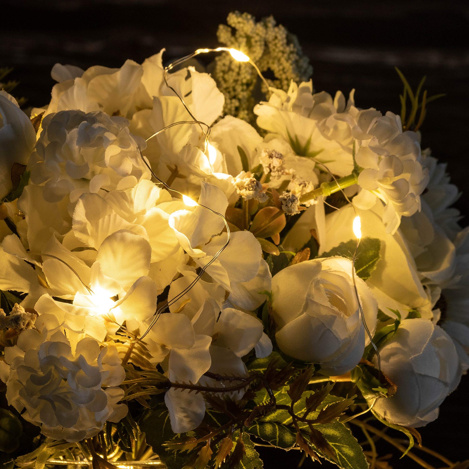 Aitificial LED White Rose Flowers with Glass Vase, Flower Arrangement for Table