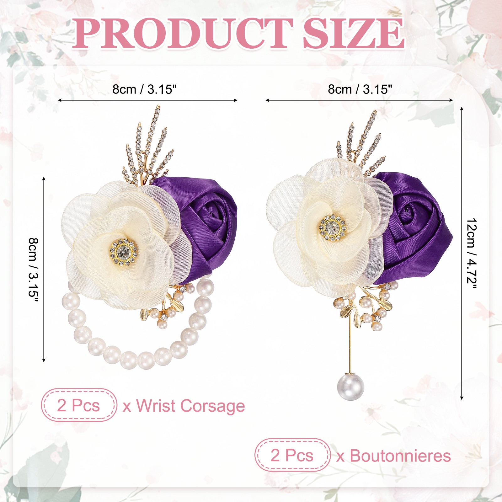 2 Sets Wrist Corsage and Boutonnieres Set for Wedding Groom Bride, Purple