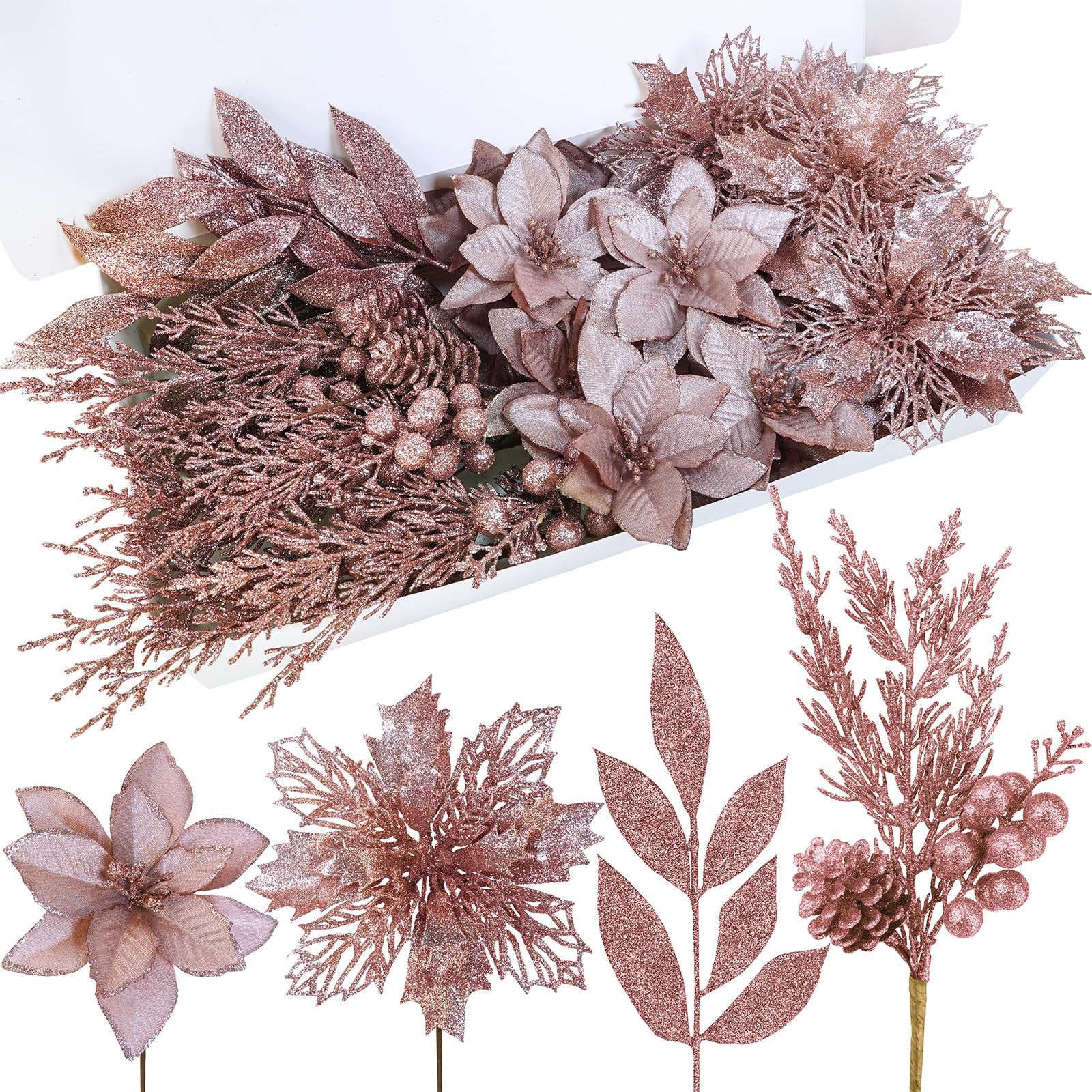 Christmas Artificial Poinsettia Flowers 35 PCS Rose Gold Glitter Floral Picks